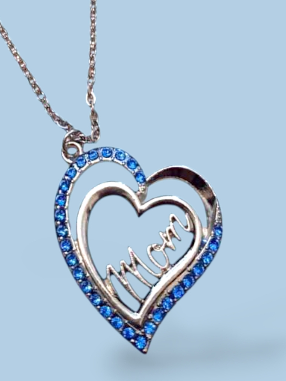 Silver Heart "Mom" Pendant Necklace with Blue Crystals